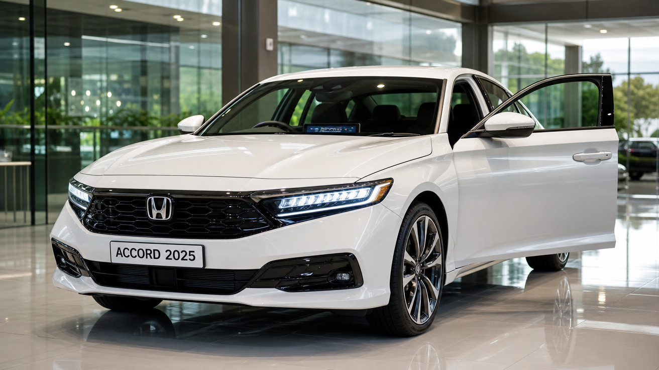Carro branco Honda Accord 2025 com porta dianteira aberta em exposição numa sala moderna.