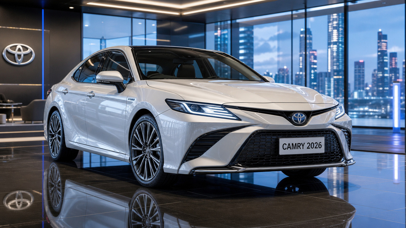 Automóvel Toyota Camry 2026 branco exposto num showroom moderno com vista para a cidade ao entardecer.