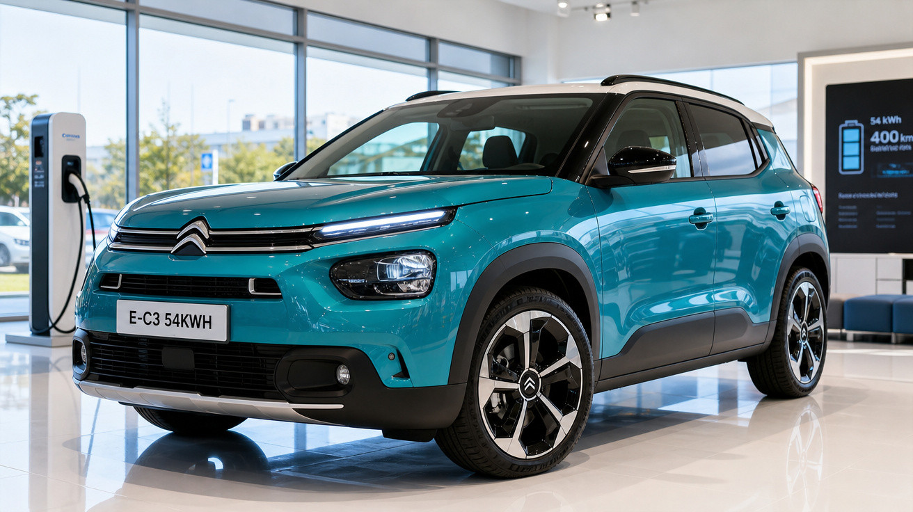 Automóvel elétrico Citroën E-C3 azul em exposição num showroom, ligado a um carregador.