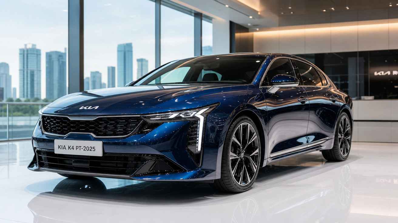 Carro desportivo Kia K4 azul exposição num showroom moderno com janelas amplas e vista da cidade.