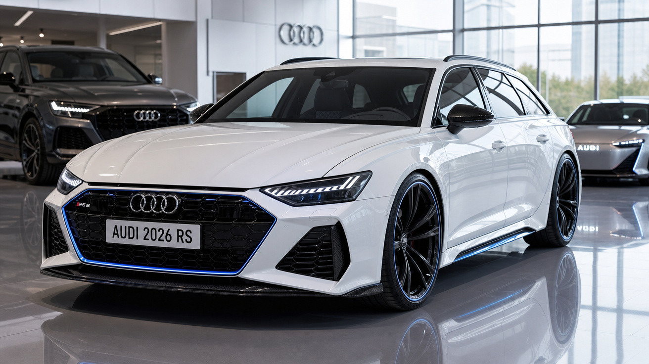 Carro Audi RS 2026 branco estacionado em sala de exposição moderna com outros carros ao fundo.
