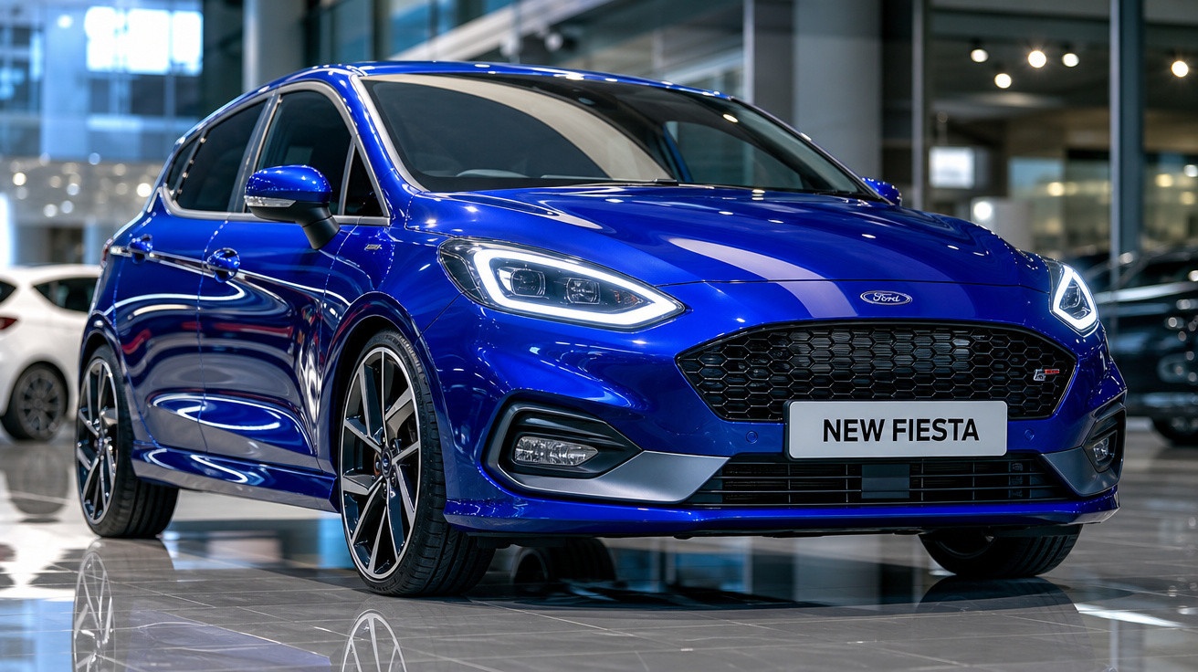 Carro Ford New Fiesta azul brilhante estacionado em showroom moderno com piso refletor.