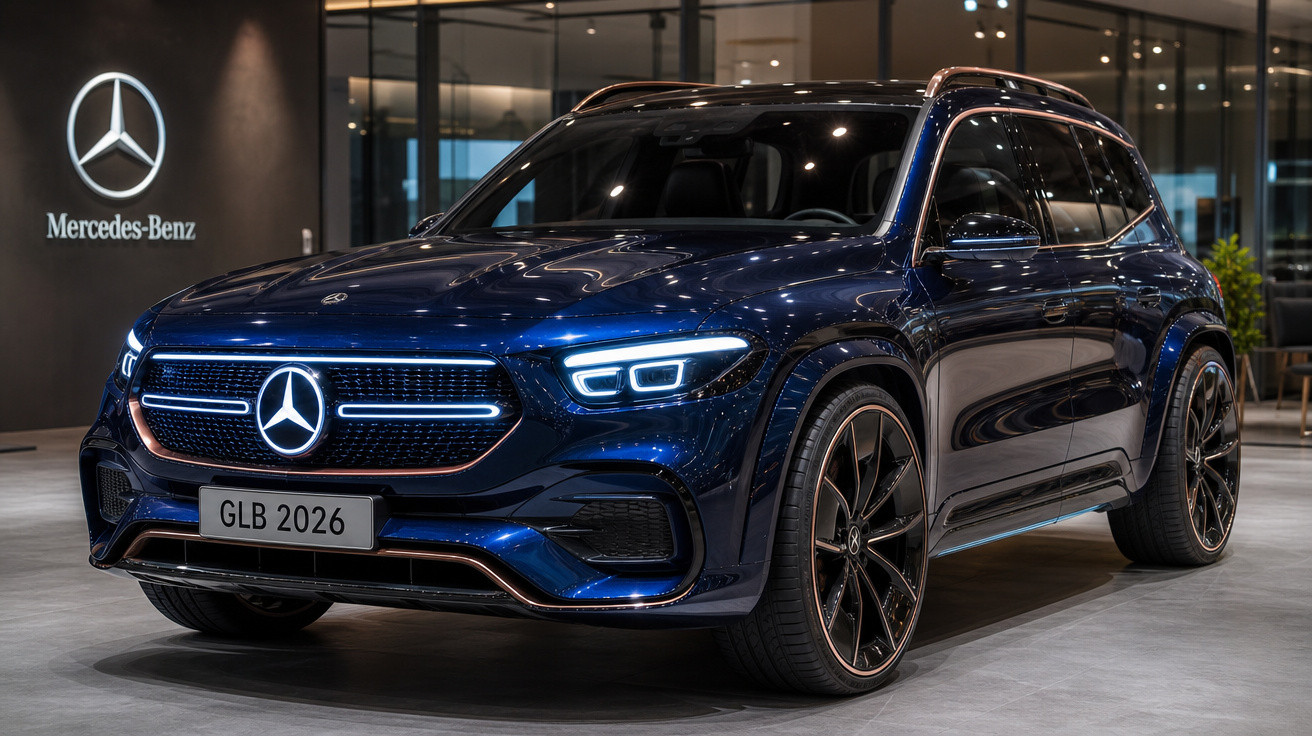 Carro SUV Mercedes-Benz azul metálico modelo GLB 2026 em exposição interior com luzes LED ligadas.