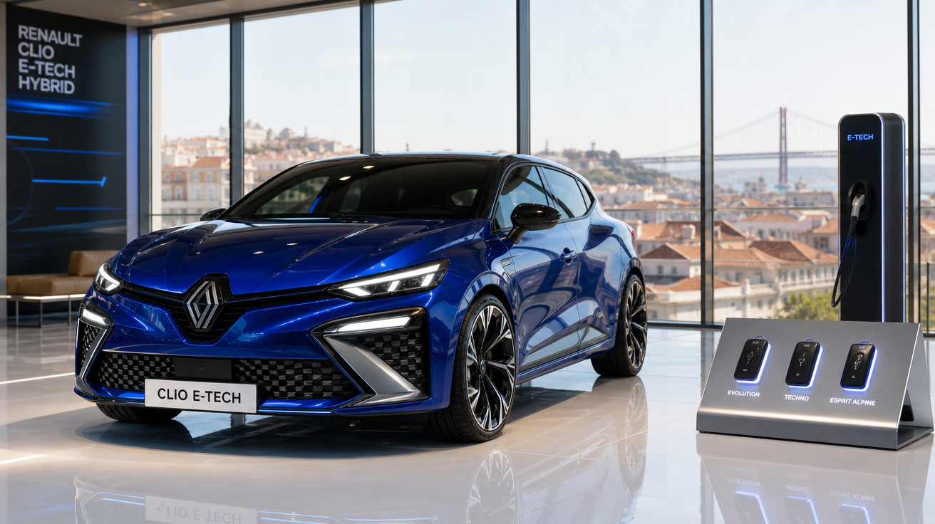 Carro azul Renault Clio E-Tech Hybrid em exposição numa sala com vistas urbanas e carregador elétrico.