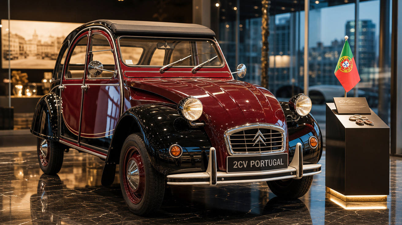 Automóvel clássico Citroën 2CV vermelho e preto exibido num museu com bandeira de Portugal ao lado.