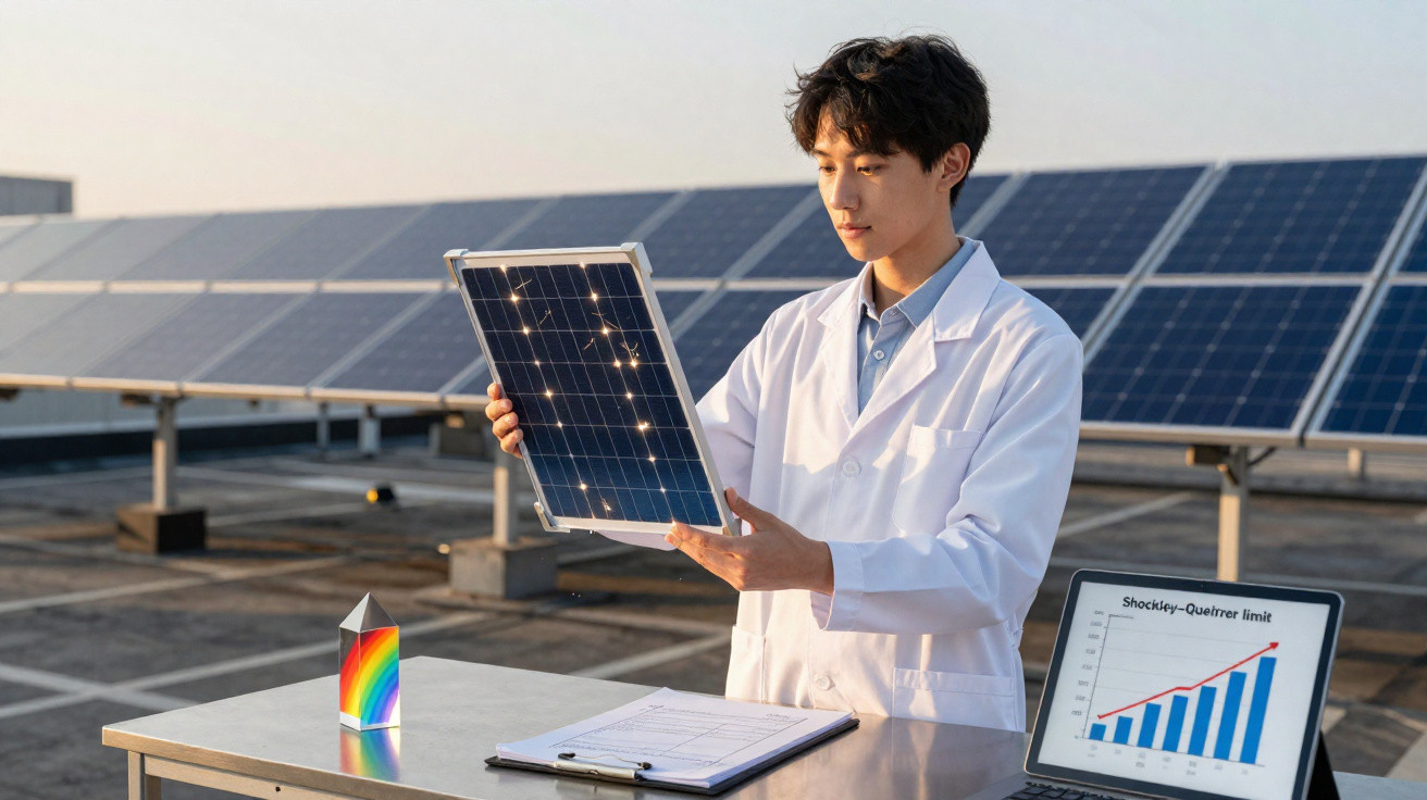 Homem com bata de laboratório examina painel solar em campo com painéis fotovoltaicos ao fundo.