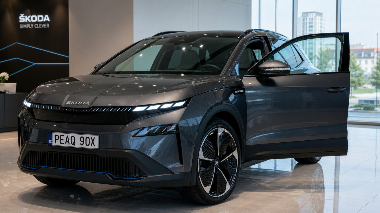 Automóvel elétrico Škoda Enyaq iV cinzento com porta dianteira direita aberta em exposição.