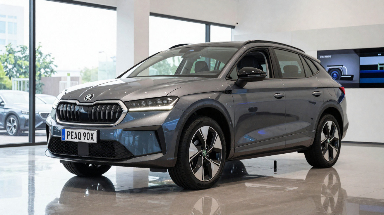 Carro elétrico cinzento Škoda Enyaq Coupé iV exposto em showroom moderno com pavimento reflexivo.