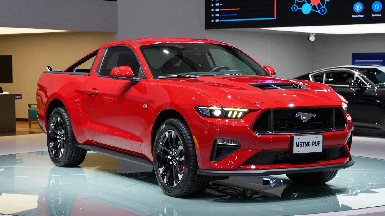 Automóvel desportivo vermelho Mustang com faróis acesos exposto em salão automóvel.