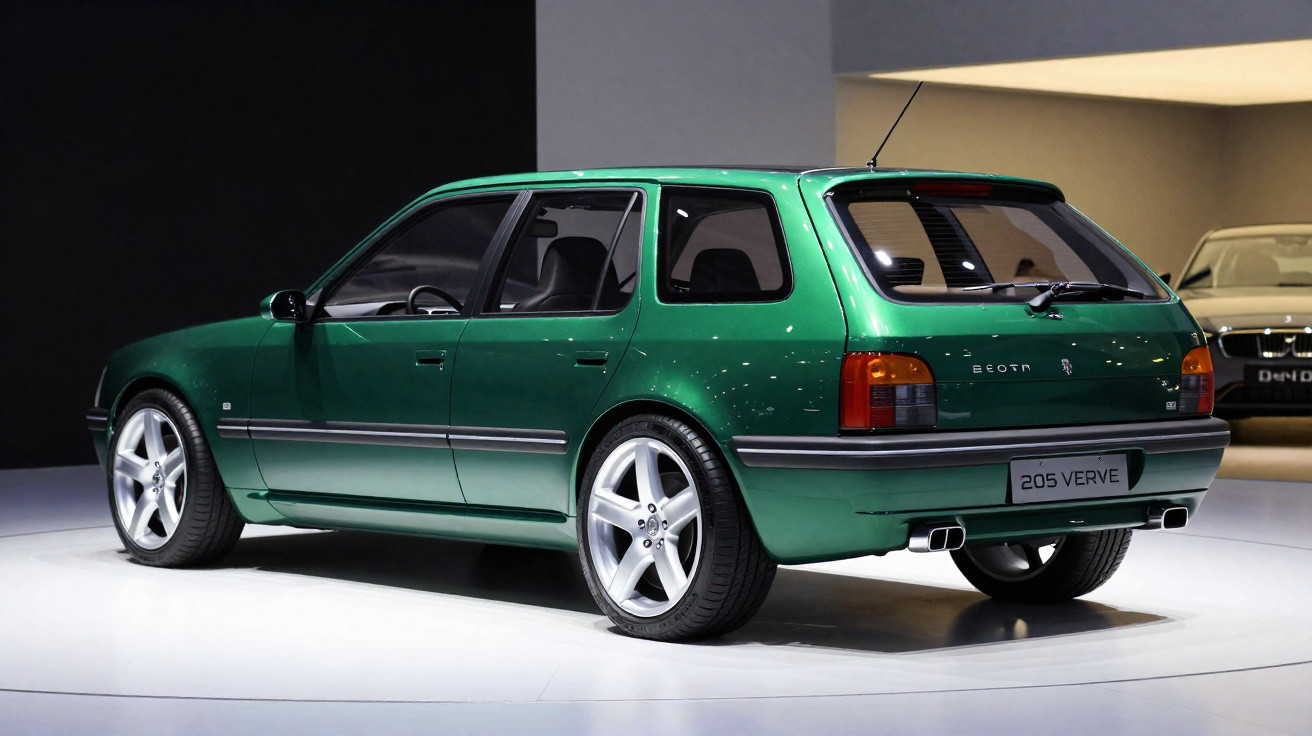 Carro Peugeot 205 Verve verde metálico, vista traseira lateral direita em exposição interior.