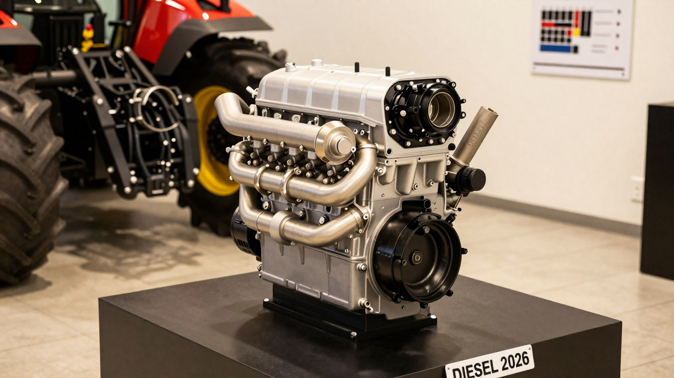 Motor diesel moderno exposto em pedestal com trator ao fundo, identificado como diesel 2026.