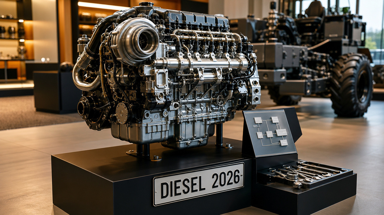 Motor diesel moderno exposto num museu com ferramentas e esquema técnico ao lado, ano 2026.