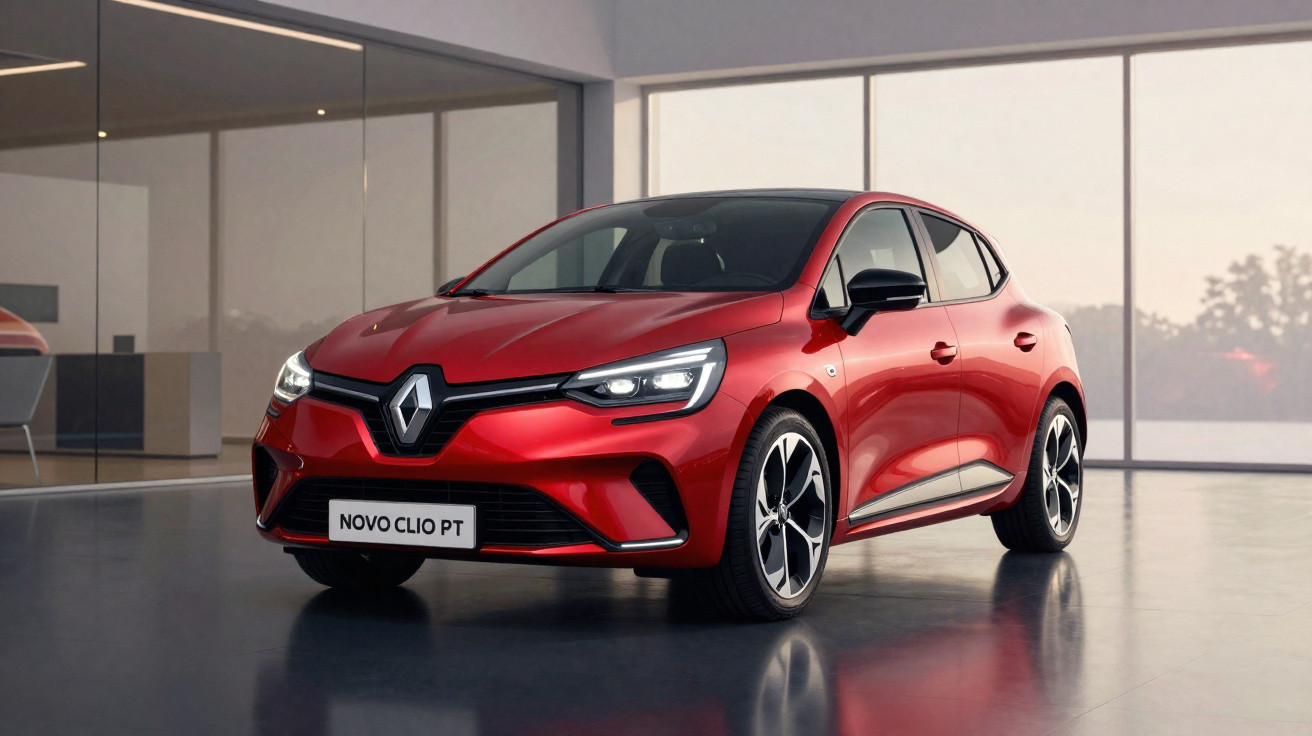 Carro Renault Novo Clio PT vermelho estacionado em ambiente moderno com grandes janelas.