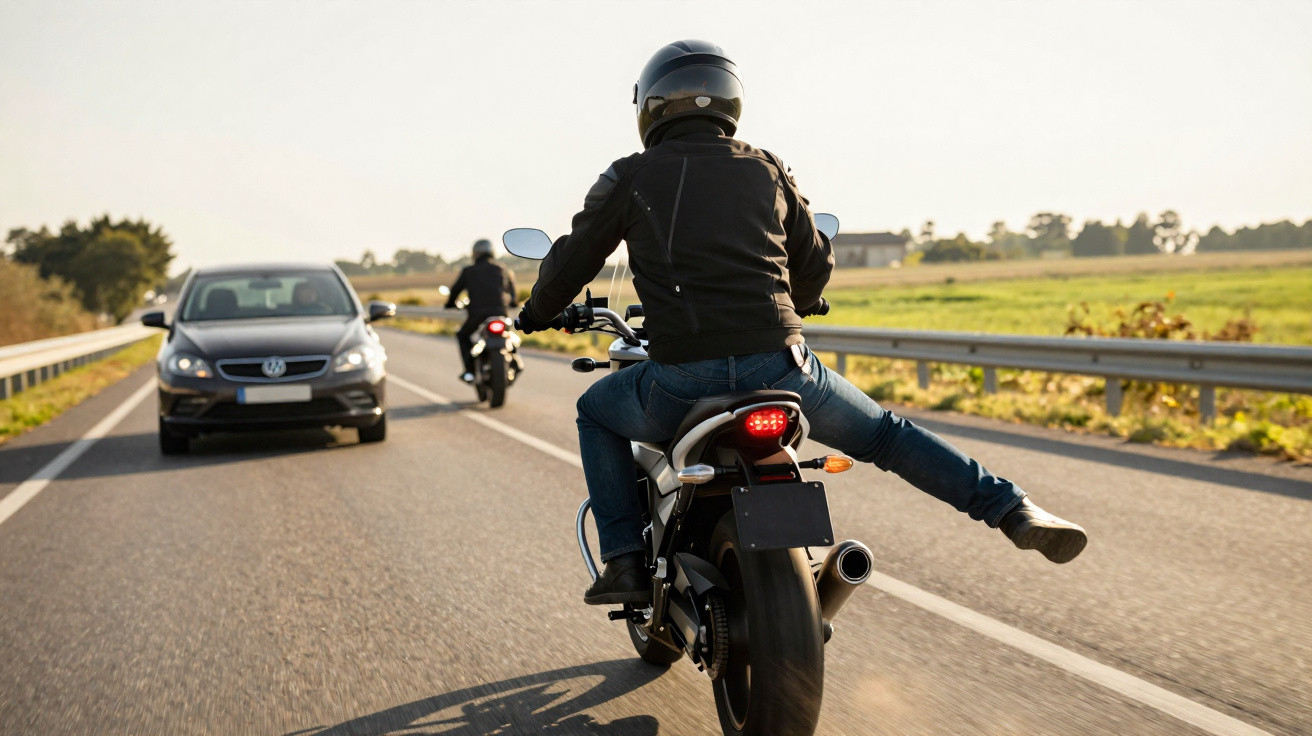 Motociclista com equipamento de segurança estende perna esquerda na estrada com outro motociclista e carro à frente.