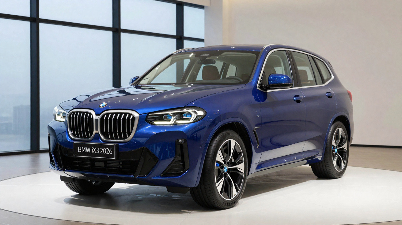 BMW iX3 azul modelo 2026 estacionado em ambiente interior moderno com janelas grandes.