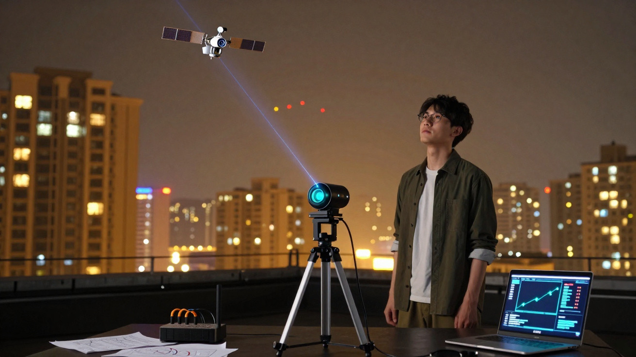 Homem observa satélite através de dispositivo laser numa varanda com vista para cidade à noite.