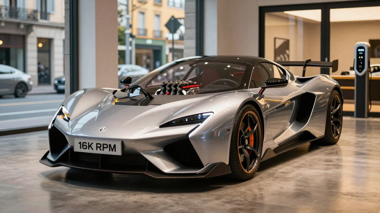 Carro desportivo prata com design aerodinâmico exibido num showroom moderno.