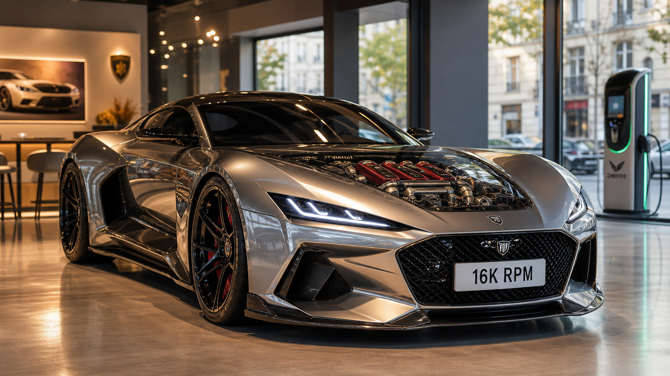 Carro desportivo prateado moderno com motor visível e matrícula 16K RPM em sala de exposição.