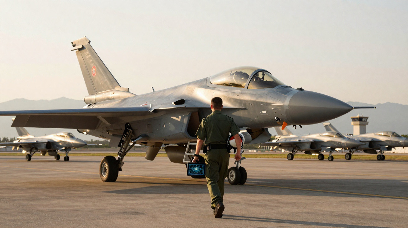 Piloto militar caminha em direção a caça furtivo estacionado numa base aérea com mais aviões ao fundo.