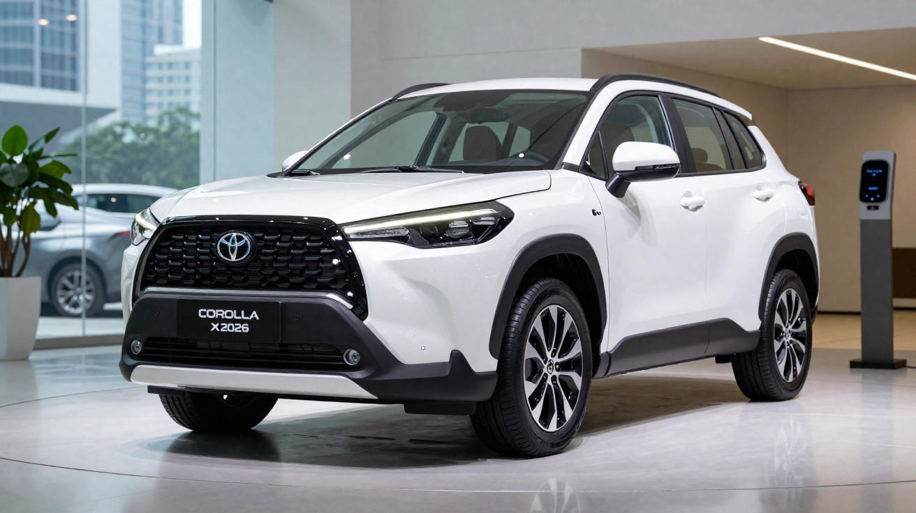 Carro SUV Toyota Corolla X 2026 branco exposto em showroom moderno com iluminação suave.