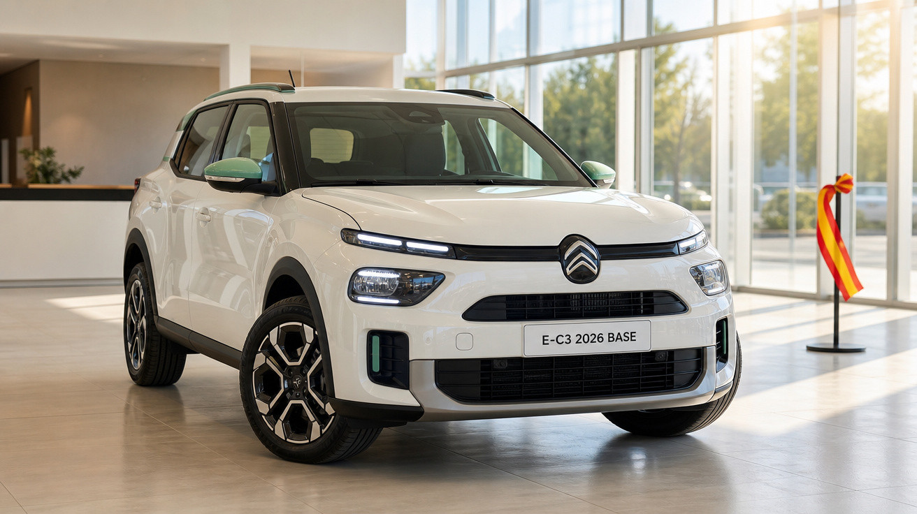 Automóvel Citroën E-C3 2026 BASE branco em exposição interior com janelas grandes.