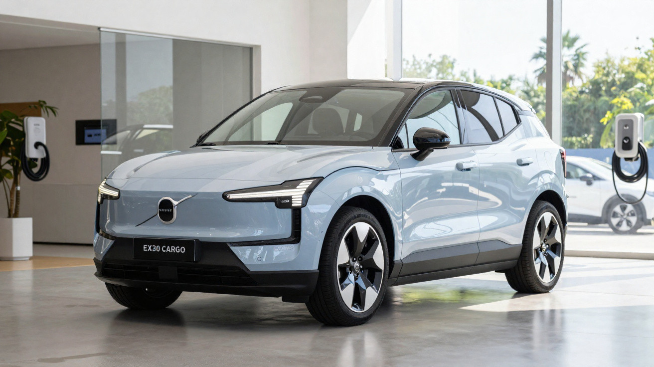 Carro elétrico Volvo EX30 Cargo cinza claro, estacionado em showroom com estações de carregamento.