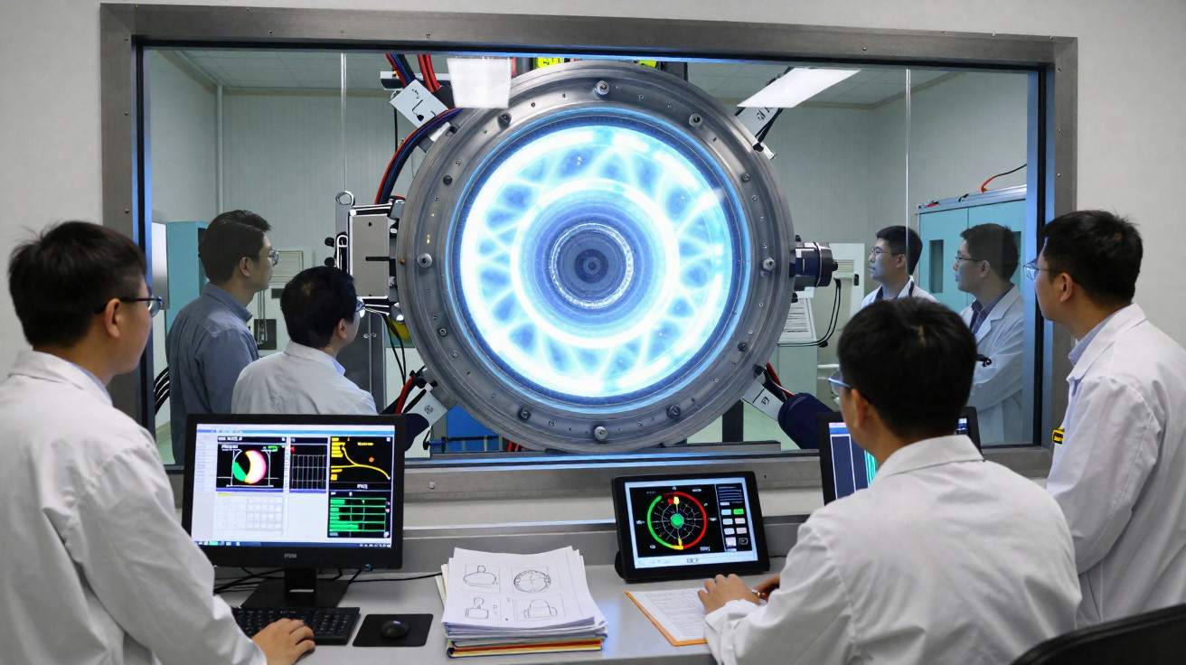 Cientistas em laboratório observam e analisam máquina circular iluminada com gráficos em monitores.
