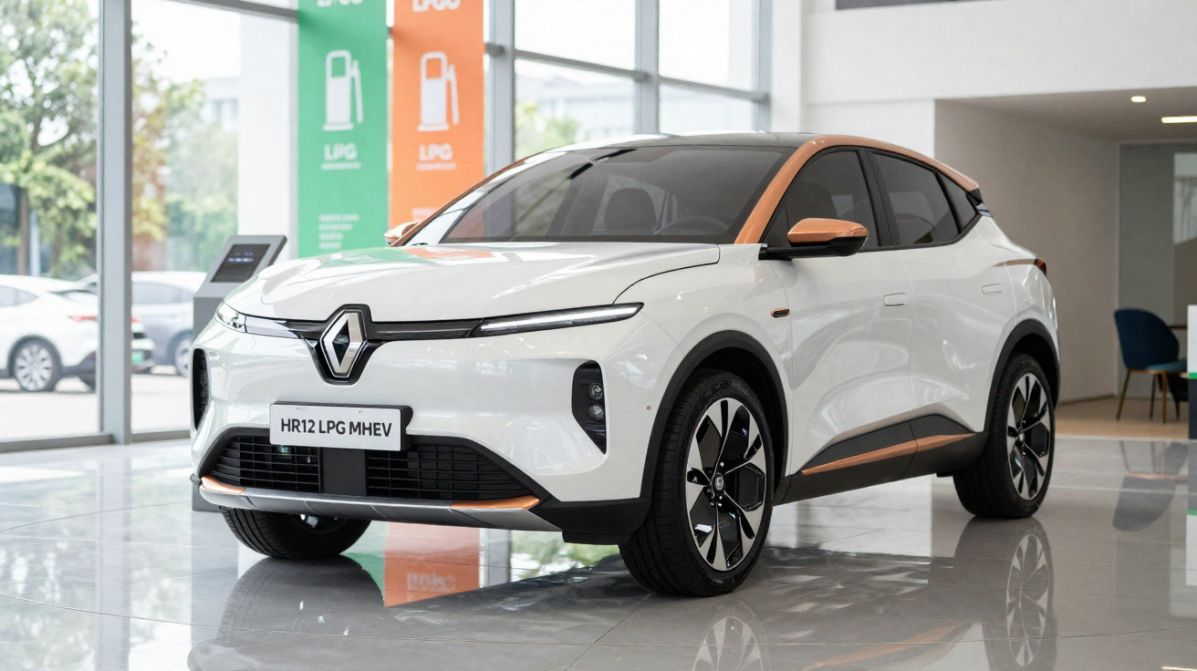 Automóvel Renault branco com detalhes laranja exposto em showroom moderno e luminoso.