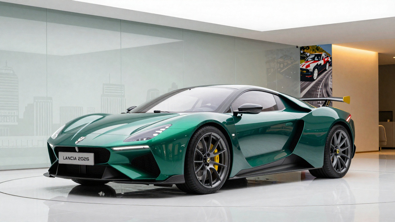 Carro desportivo verde metálico Lancia 2025 em exposição num interior moderno e iluminado.