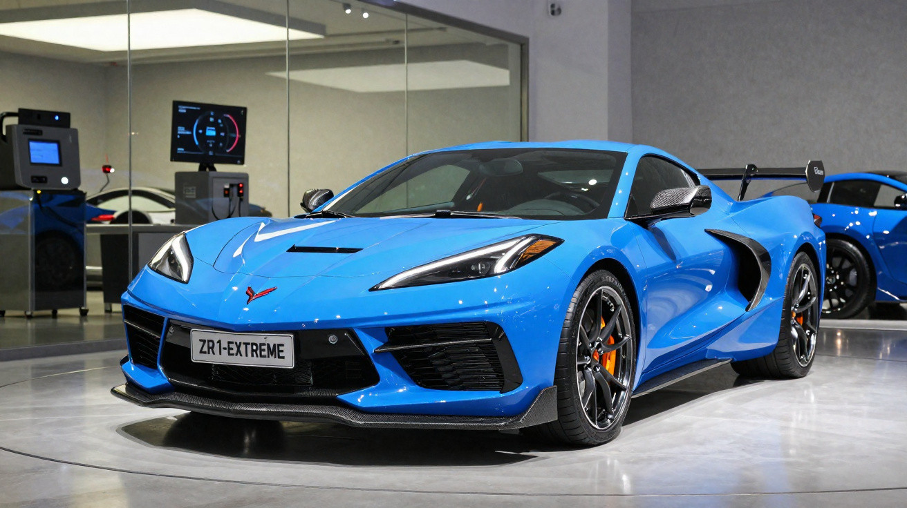 Carro desportivo azul Corvette ZR1 Extreme estacionado numa garagem moderna com paredes espelhadas.