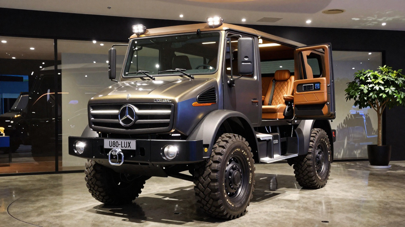 Veículo todoterreno Mercedes-Benz U80-LUX cinza com interior de banco de couro castanho em showroom moderno.