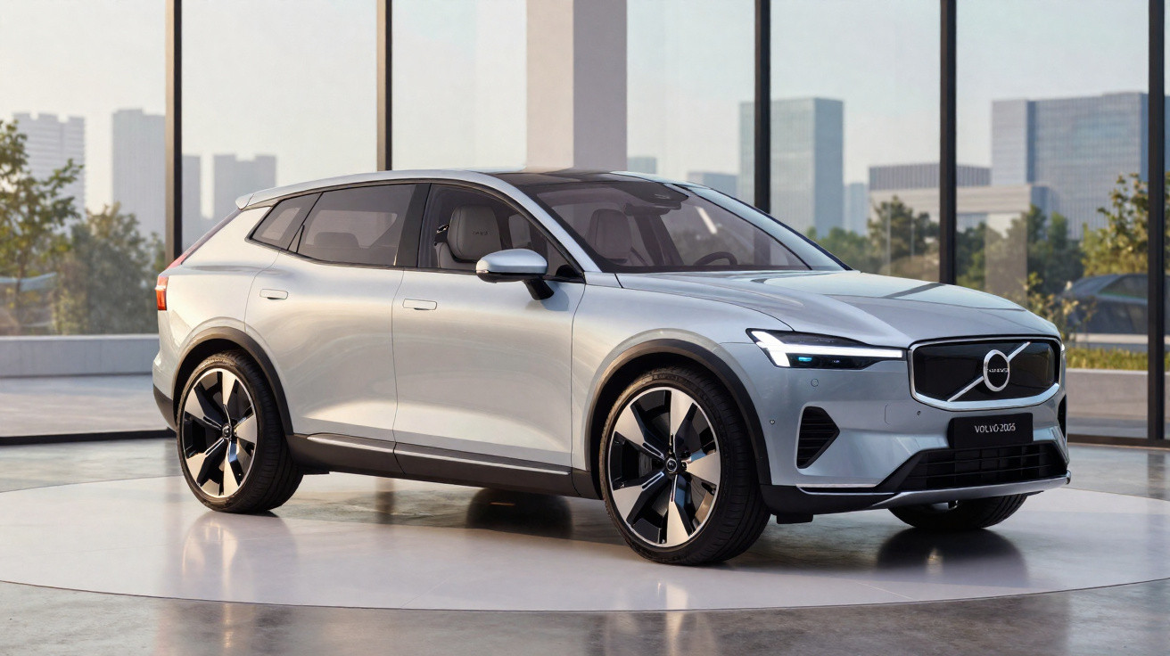 Carro elétrico Volvo XC40 Recharge branco estacionado num showroom com janelas grandes e vista urbana.