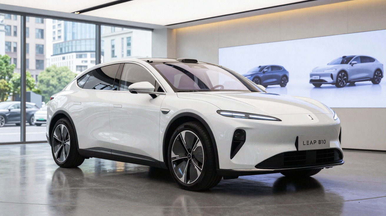 Carro elétrico branco LEAP B10 em exibição numa sala moderna com grandes janelas e pavimento cinzento.