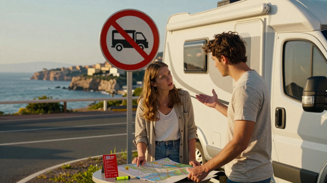 Casal discute junto a um autocaravana, com mapa, junto a placa de proibição de autocaravanas na estrada costeira.