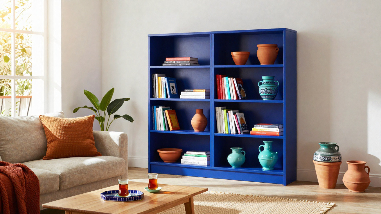 Estante azul com livros e vasos, ao lado de sofá bege com almofada castanha numa sala luminosa.