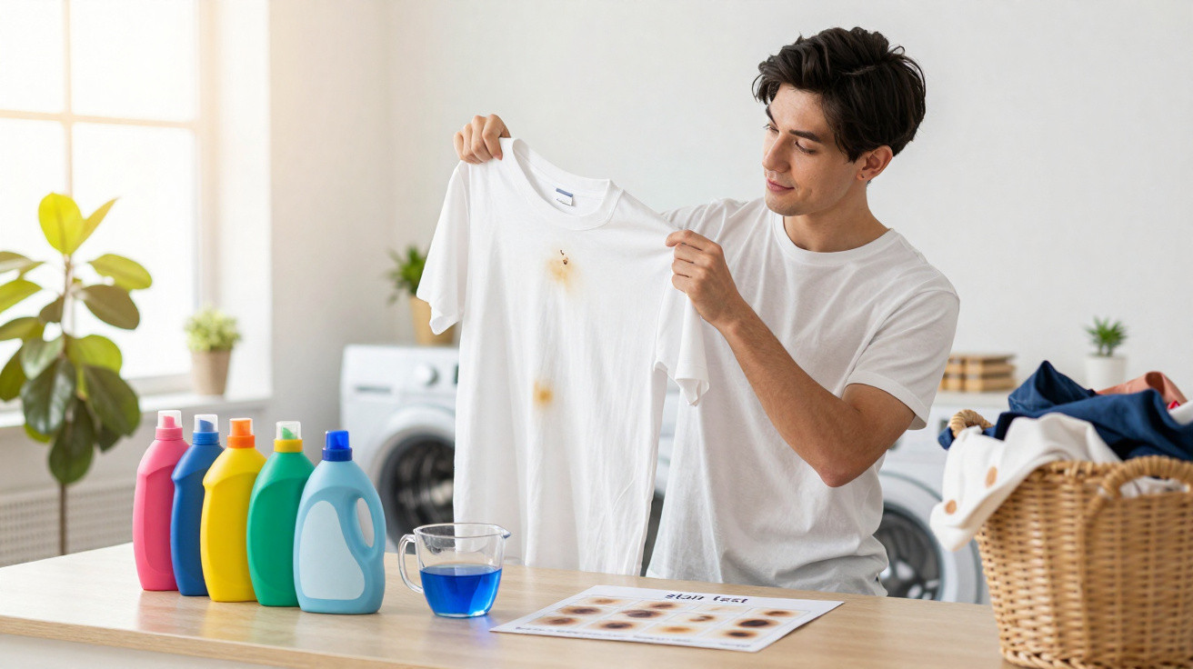 Homem a mostrar uma t-shirt branca com manchas de ferrugem numa lavanderia com detergentes coloridos à frente.