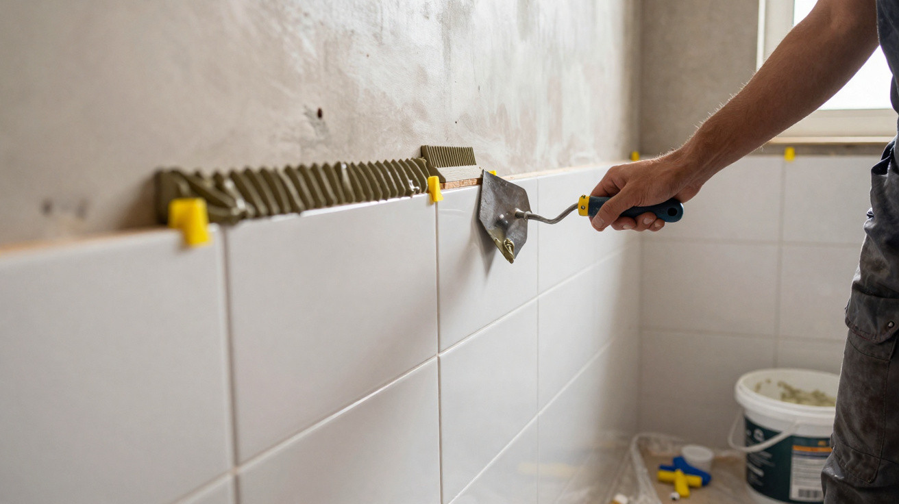 Pessoa a aplicar cola para azulejos numa parede interior, com azulejos brancos já instalados.