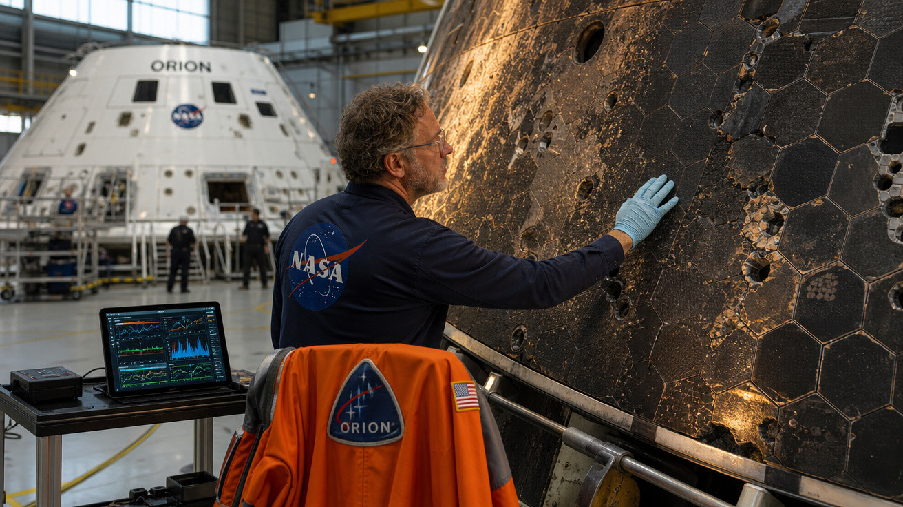 Técnico da NASA inspeciona superfície do módulo Orion danificada numa instalação de ensaio.
