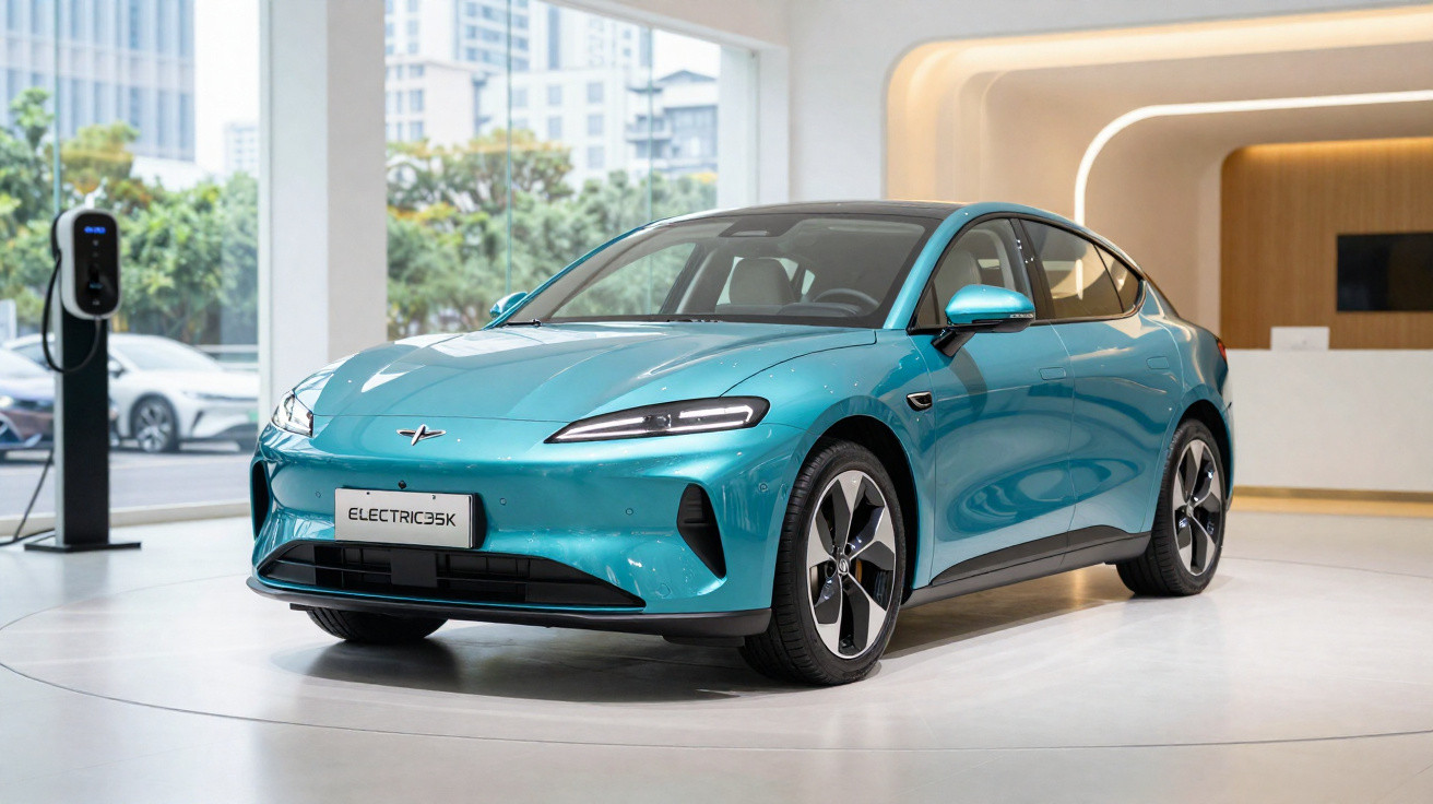 Carro elétrico azul apresentado em showroom moderno com tomada de carregamento ao fundo.