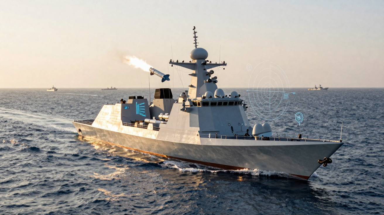 Navio de guerra moderno a disparar míssil no mar durante dia claro.