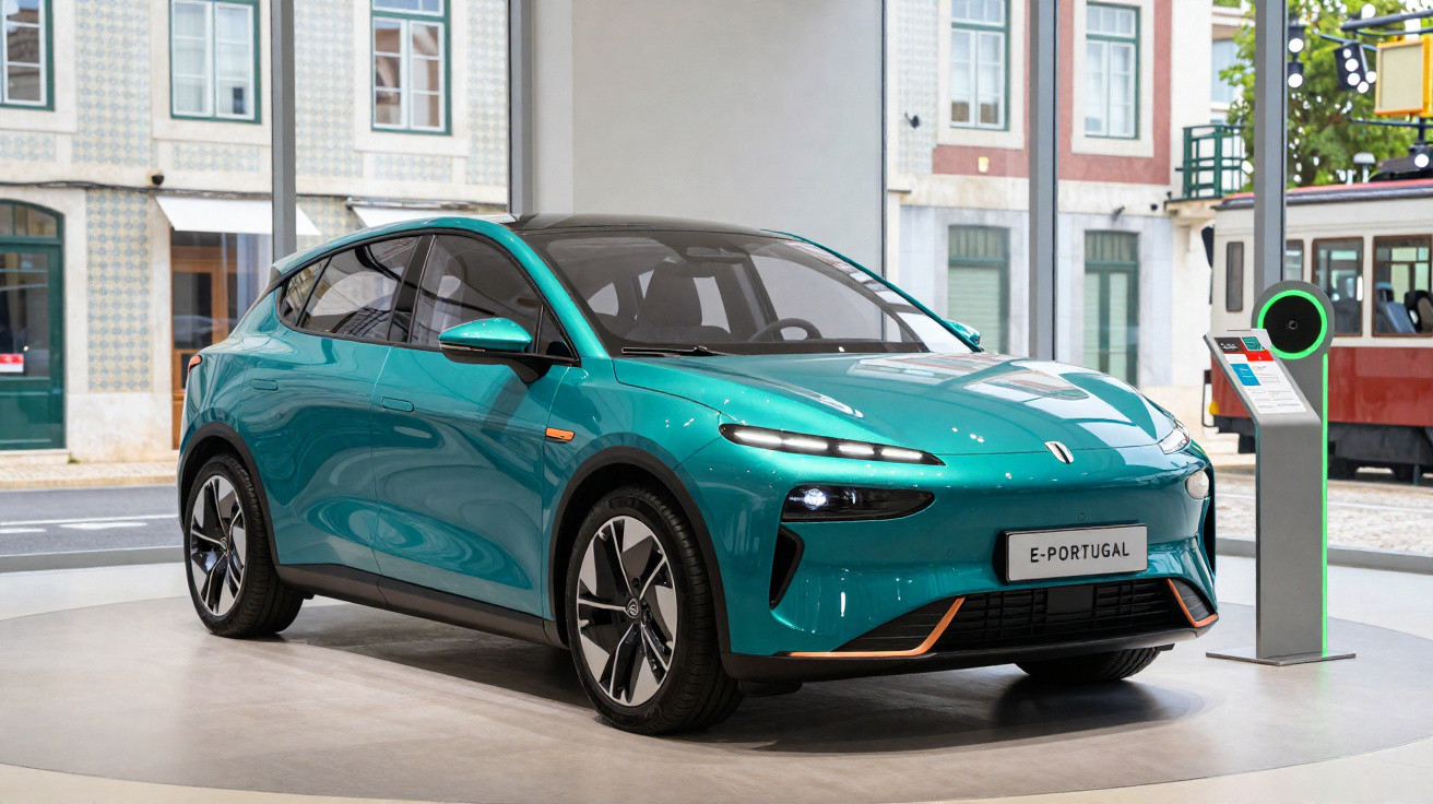 Carro elétrico verde em exposição num espaço moderno com estação de carregamento ao lado.