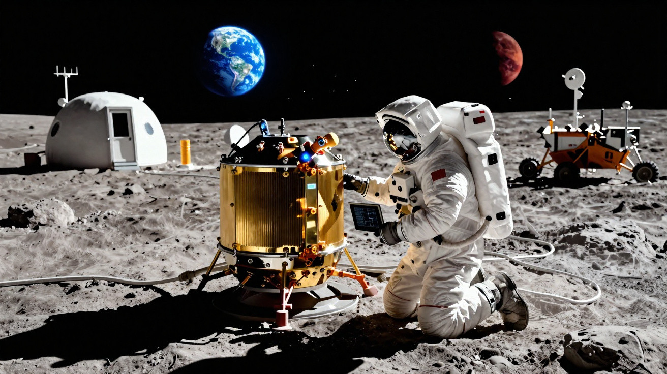 Astronauta em fato espacial trabalha junto de equipamento na superfície lunar com Terra e Marte ao fundo.