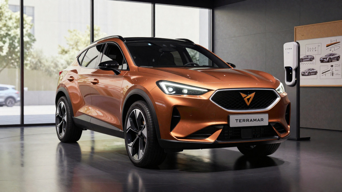 Carro elétrico Cupra Terramar cor laranja exposto em sala moderna com carregador de bateria.