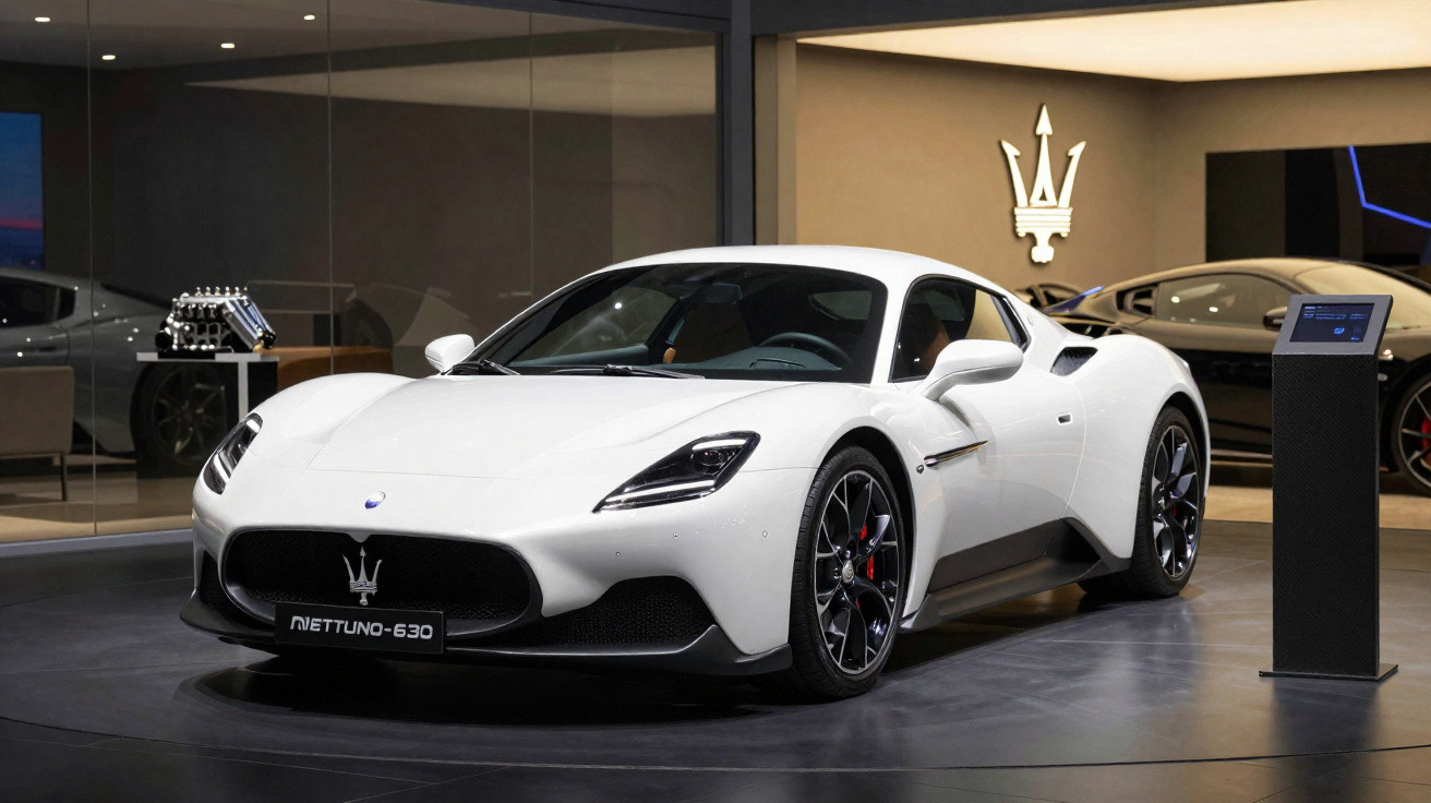 Carro desportivo branco Maserati Nettuno 630 exposto em showroom moderno.