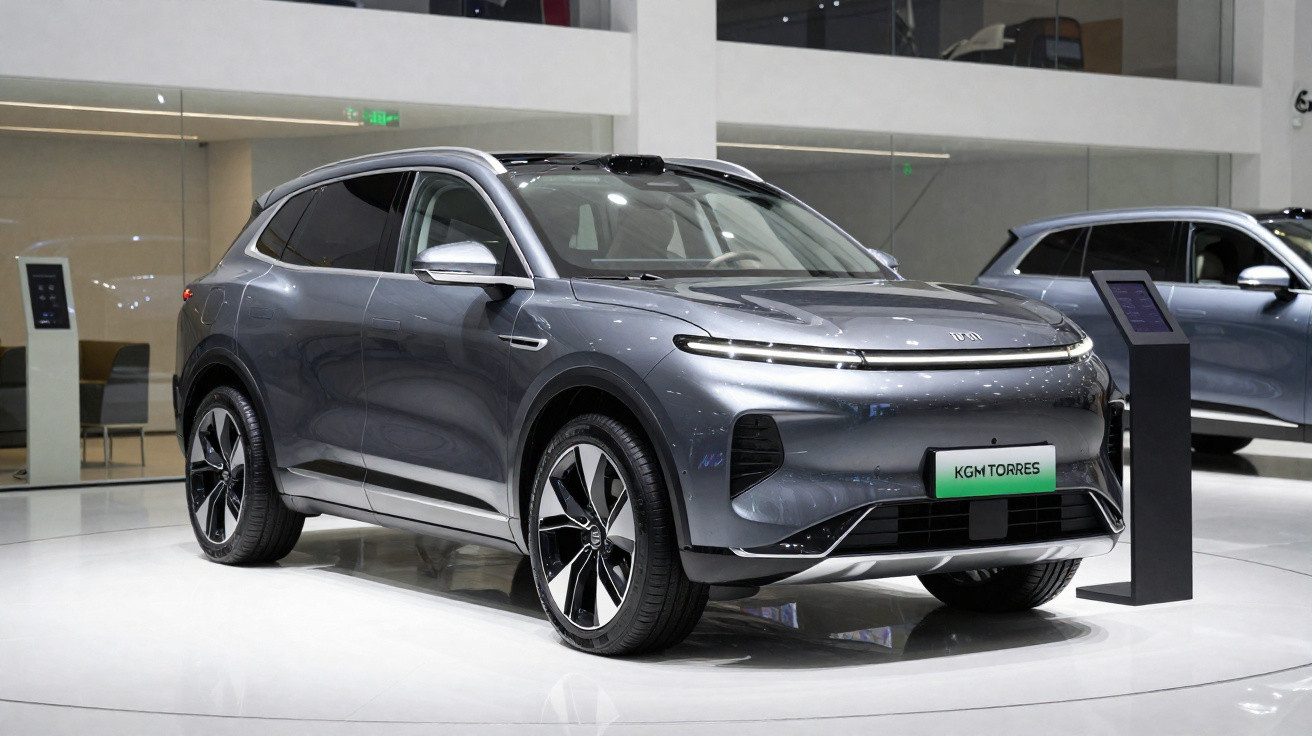 SUV elétrico cinza exposto em salão automóvel, com design moderno e linhas aerodinâmicas.