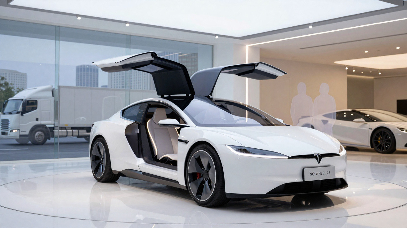 Carro elétrico desportivo branco com portas tipo asas de gaivota numa exposição moderna com chão branco.