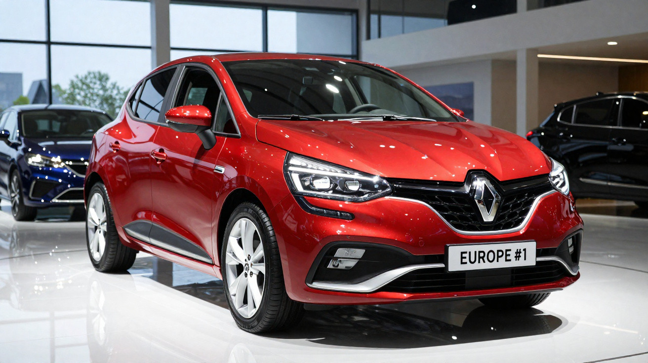 Carro vermelho Renault Clio exposto em stand com placa "EUROPE #1" e iluminação interior refletida na pintura.