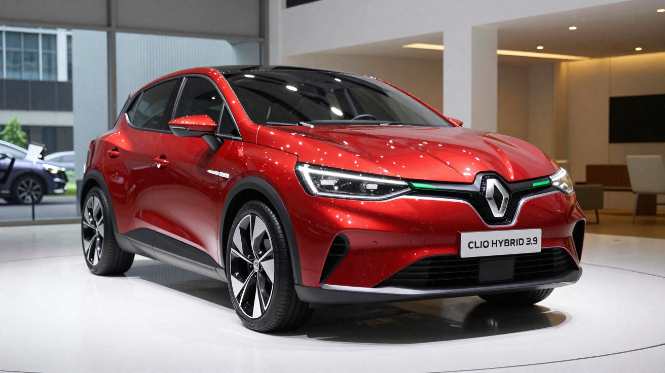 Automóvel Renault Clio Hybrid 3.9 vermelho exposto em salão moderno e iluminado.