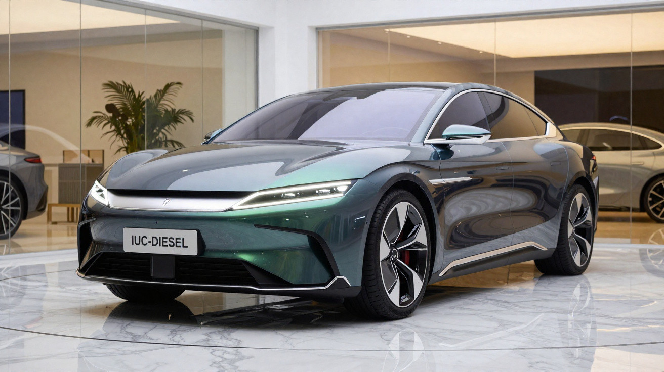 Carro desportivo elétrico verde metálico estacionado numa sala com chão em mármore e paredes com vidros.