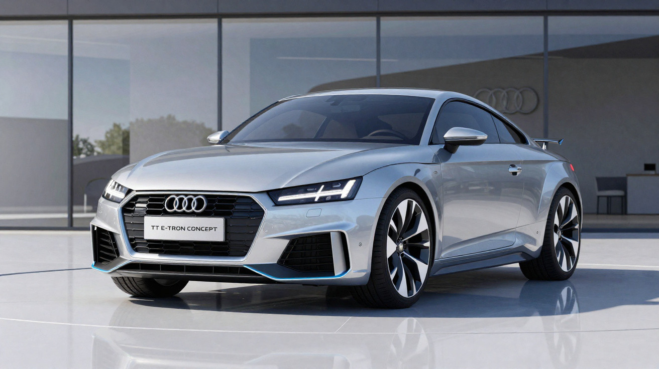 Automóvel esportivo Audi TT E-Tron Concept prateado estacionado em piso de vidro refletor moderno.